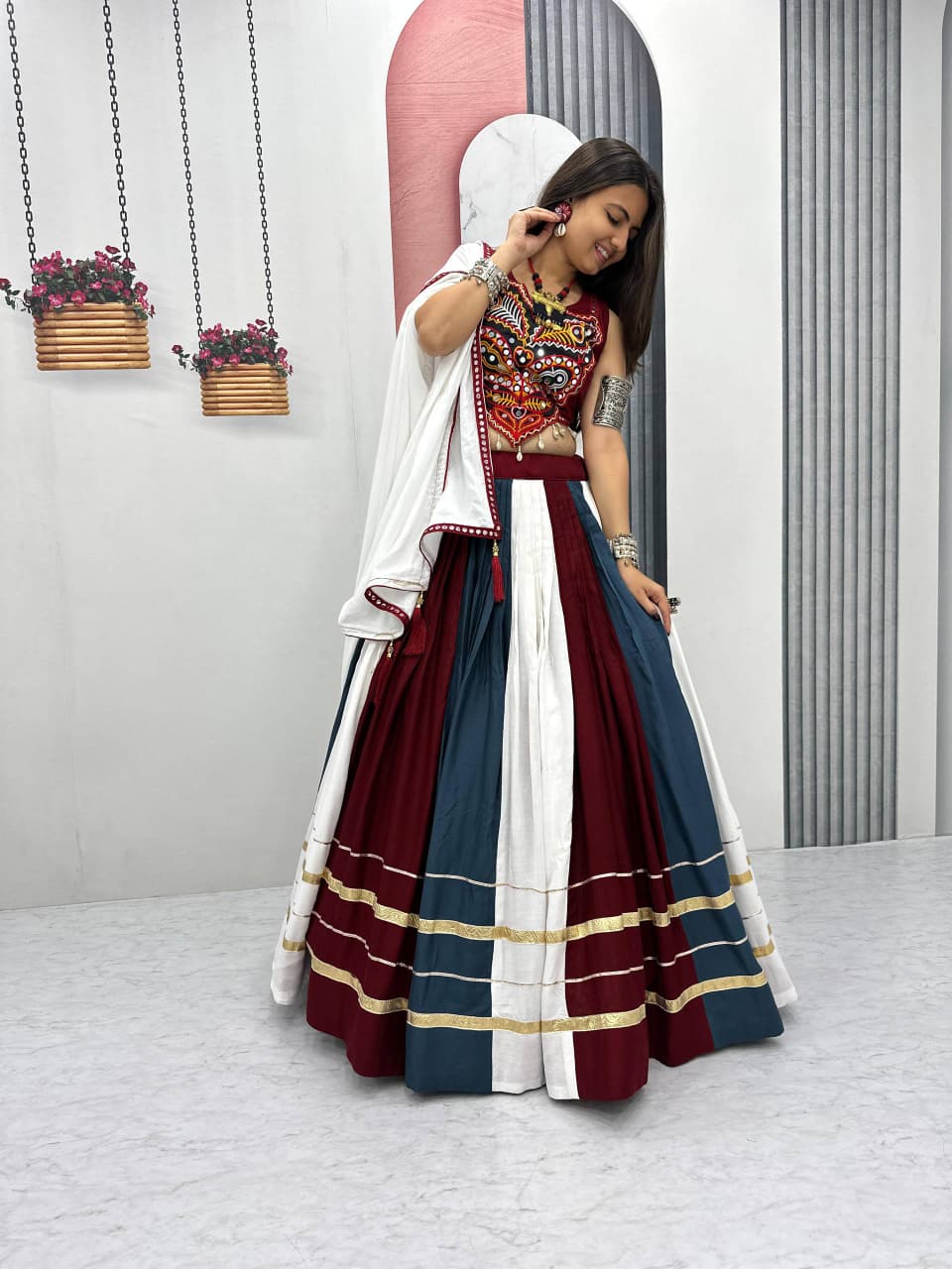 Navratri Special Rayon Cotton Gamathi Work & Real Mirror Work Lehenga With Stitched blouse