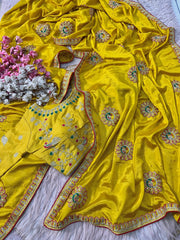 Beautiful Soft Chinon Silk With Heavy Coding Sequence Multi Work Saree