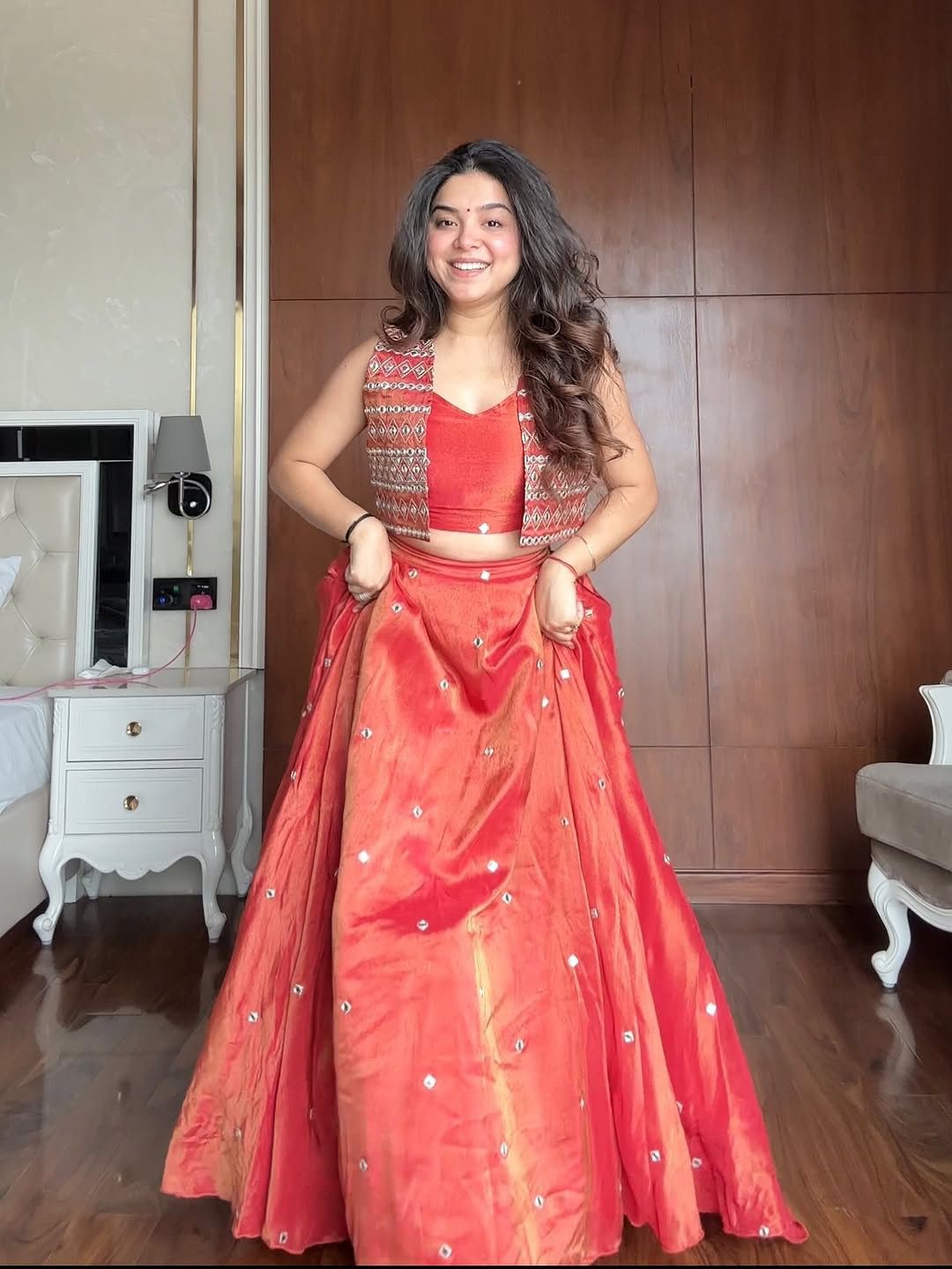 Trending Rust Orange Stunning Simmer Silk Designer Lehenga With Koti