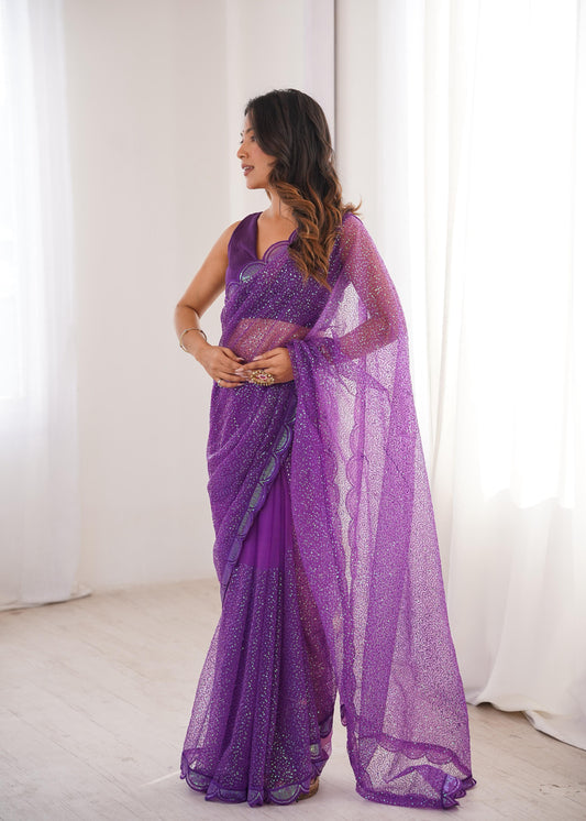 Party-wear Purple Soft Net Thread & Sequence Embroidery Work Saree