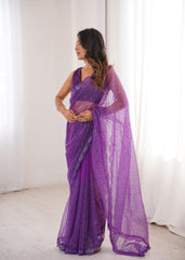 Party-wear Purple Soft Net Thread & Sequence Embroidery Work Saree