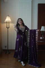 Party-wear Wine Georgette Sequence Embroidery Work Gown