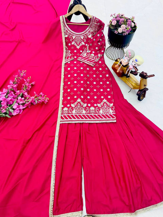 Party-wear Natural Crepe Embroidery Sequence Work Sharara