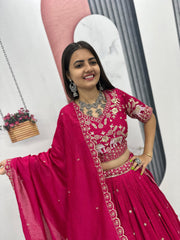 Festive Special Vichitra Silk Embroidery Thread & Sequence Work Lehenga With Stitched Blouse