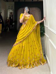 Ethnic Yellow Georgette Sequence Thread & Embroidery Work Lehenga Choli