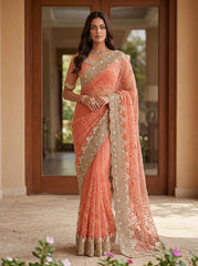 Party-wear Net Embroidery With Pearls Diamond Work Saree