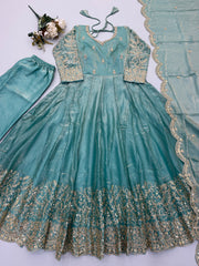 Elegant Fendy Silk Party Were Embroidery Sequence Work Gown
