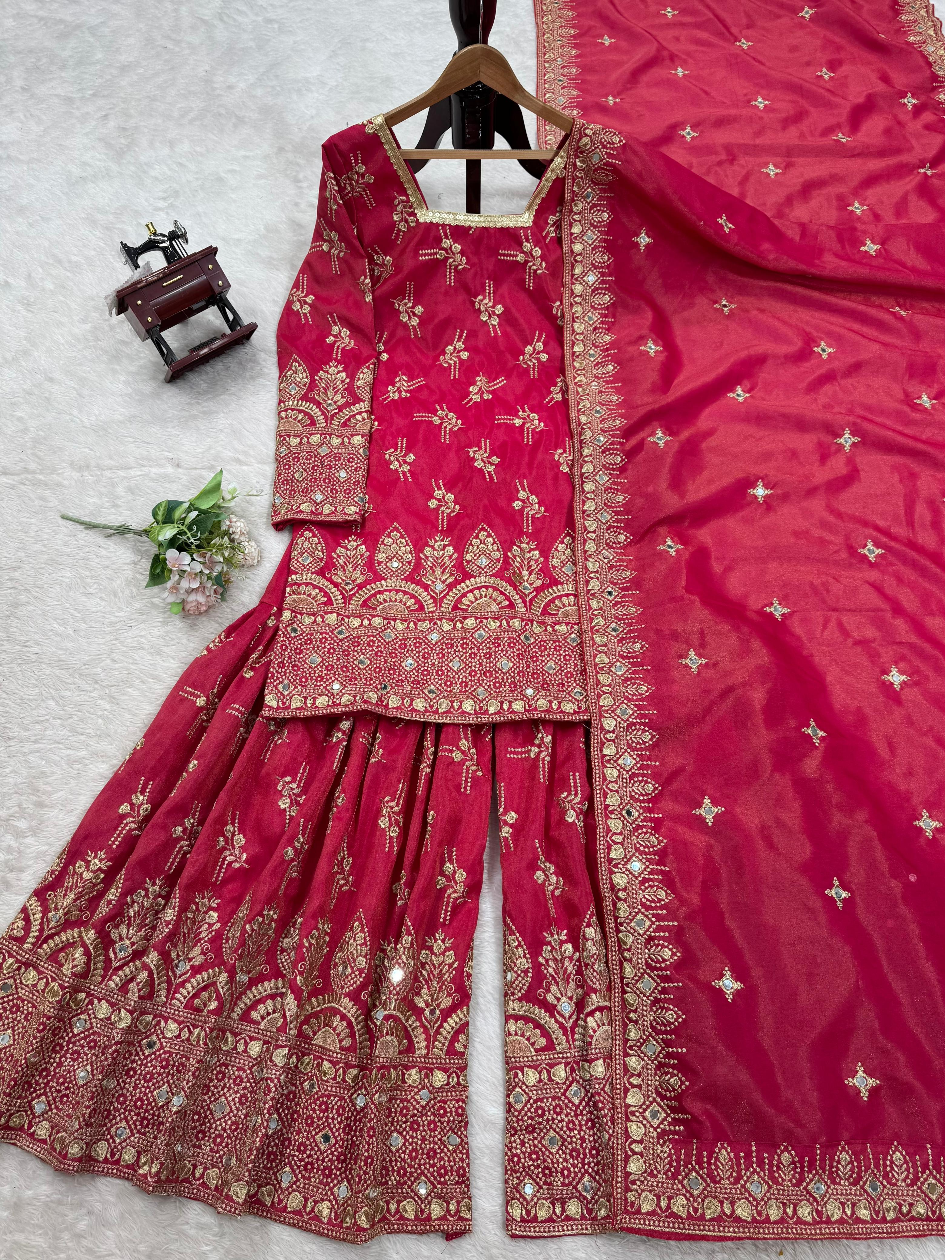 Party-wear Simmer Silk Thread With Sequence With Real Mirror Sharara