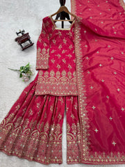 Party-wear Simmer Silk Thread With Sequence With Real Mirror Sharara