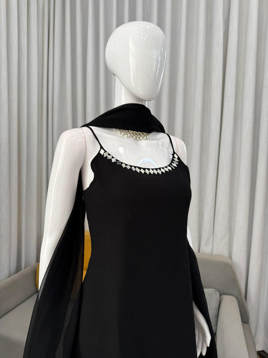 Party-wear Black Georgette Real Mirror Work Suit