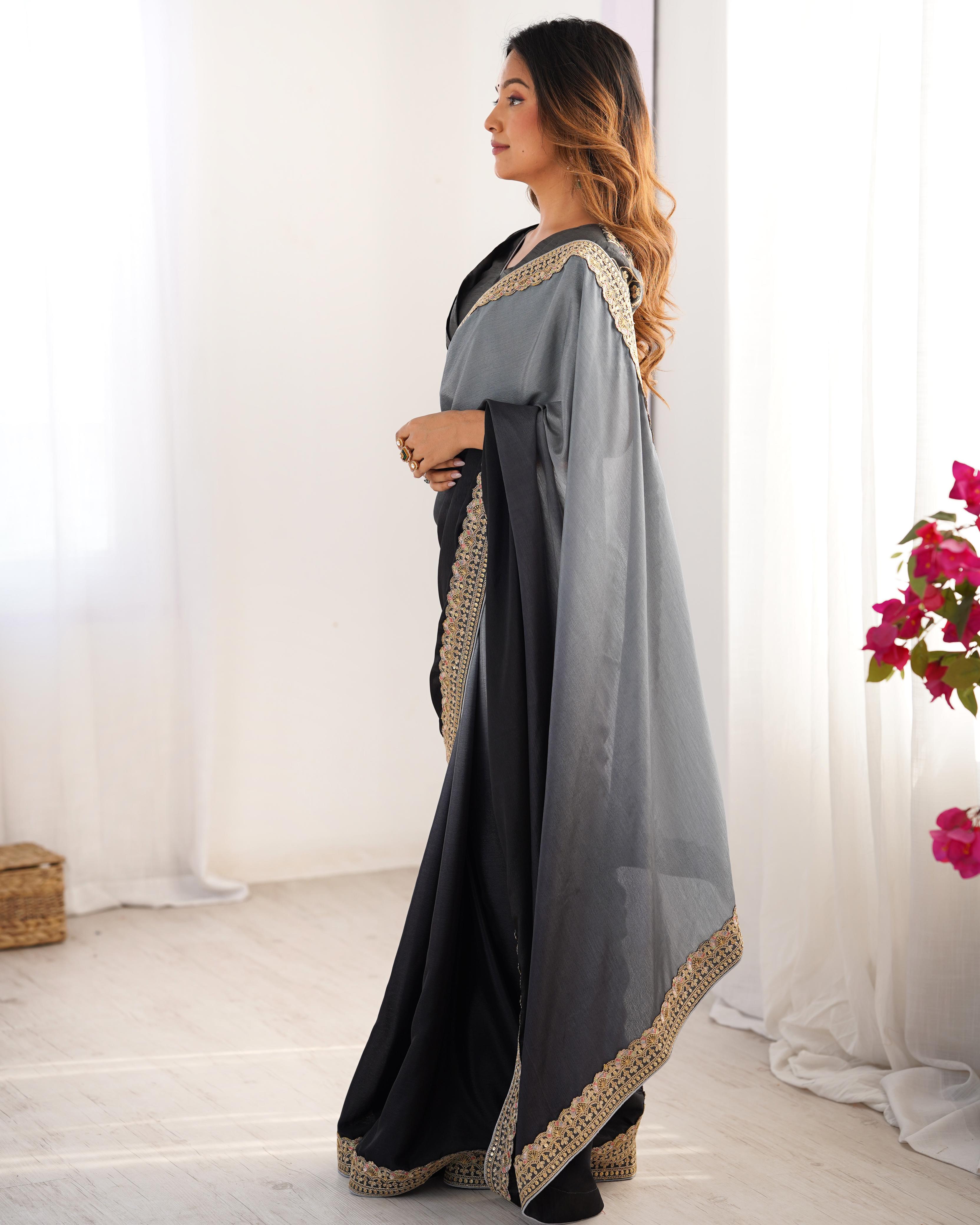 Beautiful Party-wear Chinon Silk Thread With Sequence Work Saree