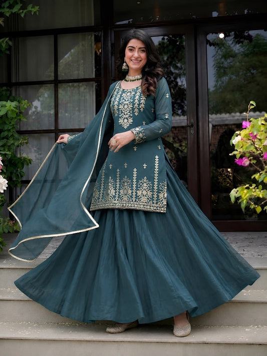 Designer Partywear Roman Cotton Sequence Embroidery Work Lehenga With Top & Dupatta