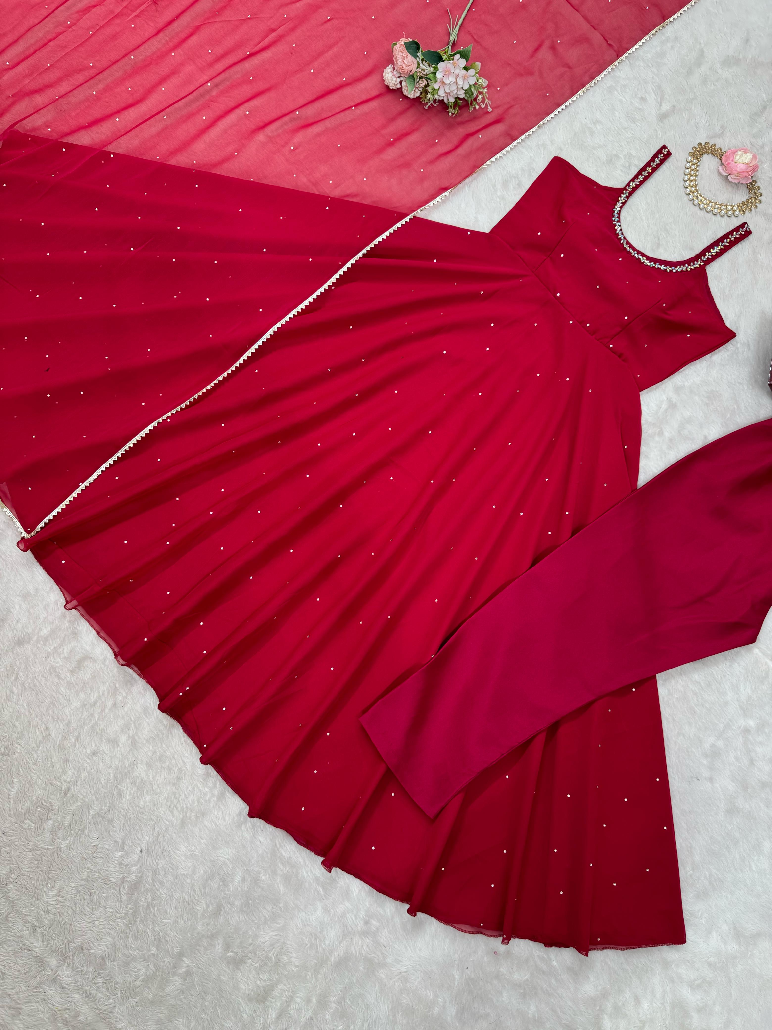 Beautiful Red Georgette Thread With Real Mirror With Diamond Work Gown