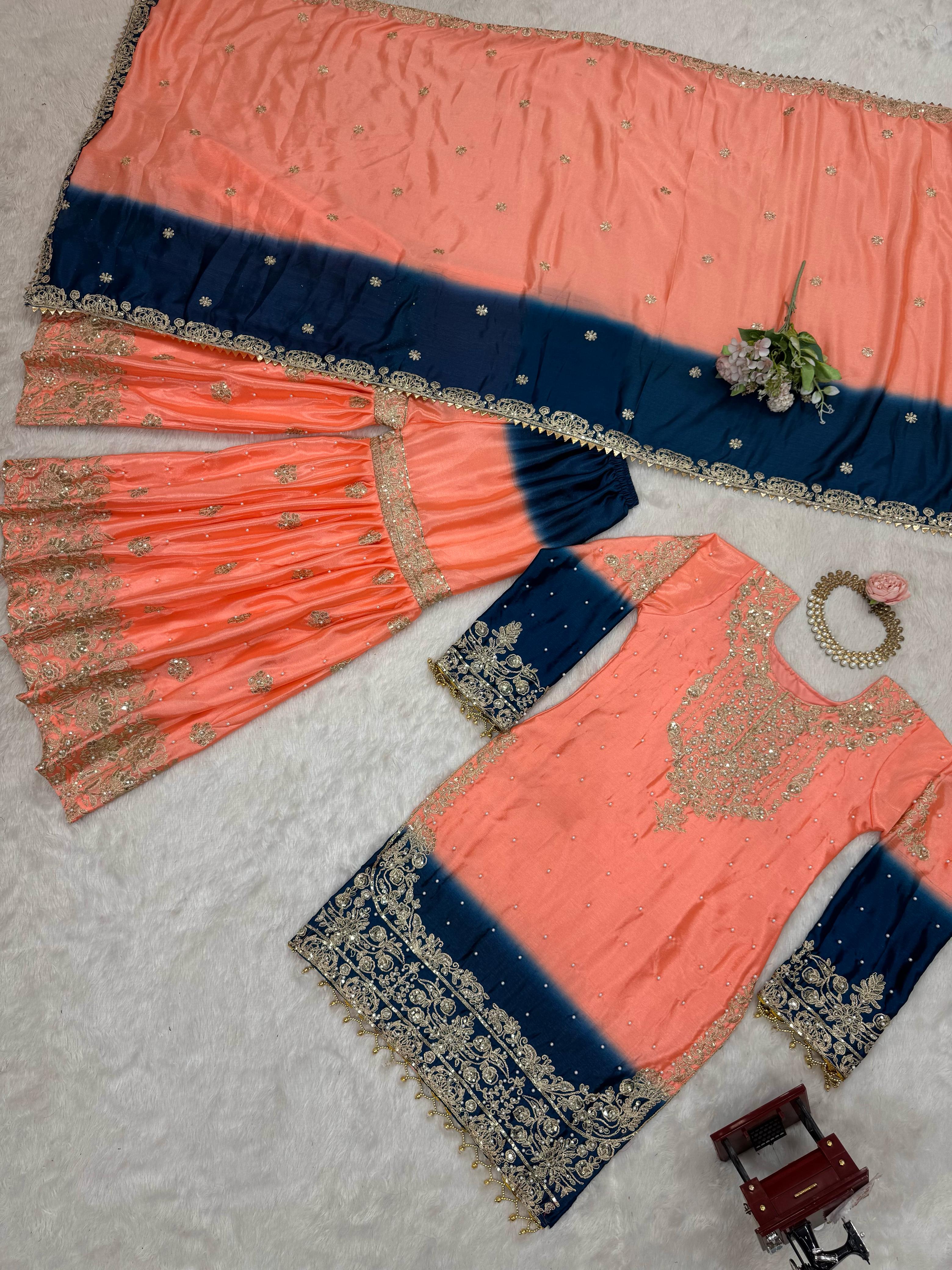 Beautiful Designer Chinon Silk Sequence With Rivet Moti Work Sharara