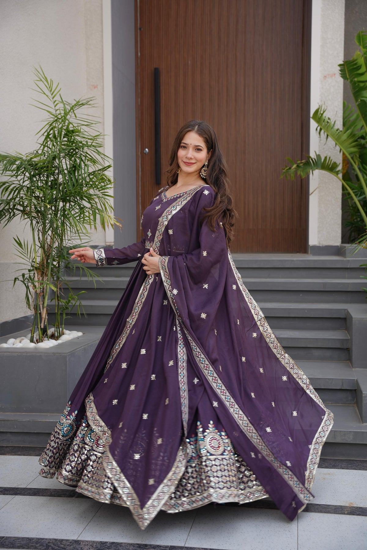 Designer Party-wear Heavy Diamond Silk Embroidery Thread Sequence Work Gown