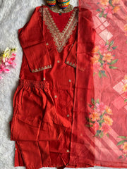 Beautiful Red Rayon Slub Embroidery With Cotton Thread Work Dress