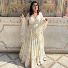 Partywere White Colour Georgette Work Gown