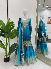 Beautiful Designer Chinon Silk Sequence With Rivet Moti Work Sharara