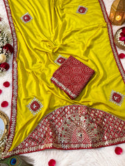 Beautiful Chinon Bandhej Patch Butta With Gotapatti Work Saree