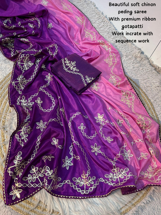 Beautiful Chinon Silk Peding Gotapatti Zaal Work With Sequence Work Saree