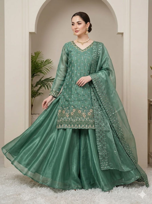 Beautiful Fendy Silk Beads With Sequence Embroidery Work Palazzo Set