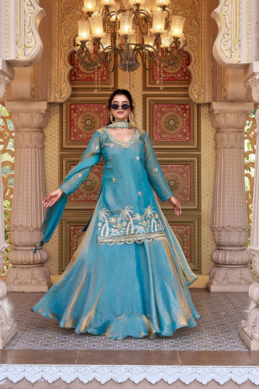 Festive Special Pure Fendy Silk Embroidery Beads Handwork & Sequence Work Top With Lehenga