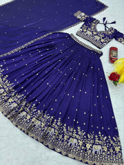 Festive Special Vichitra Silk Embroidery Thread & Sequence Work Lehenga With Stitched Blouse