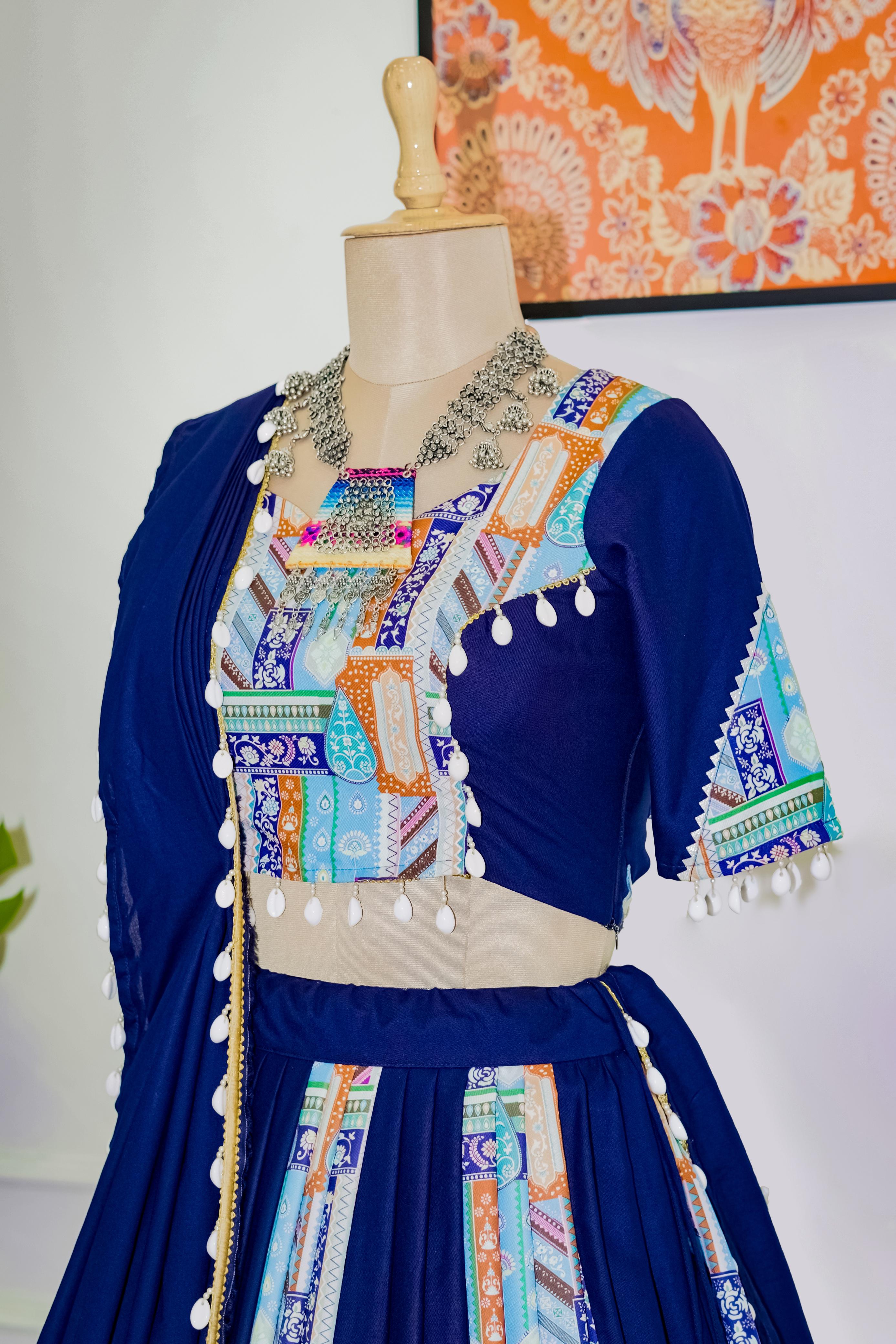 Navratri Special Blue Digital Printed Kodi Lace Border Lehenga Choli