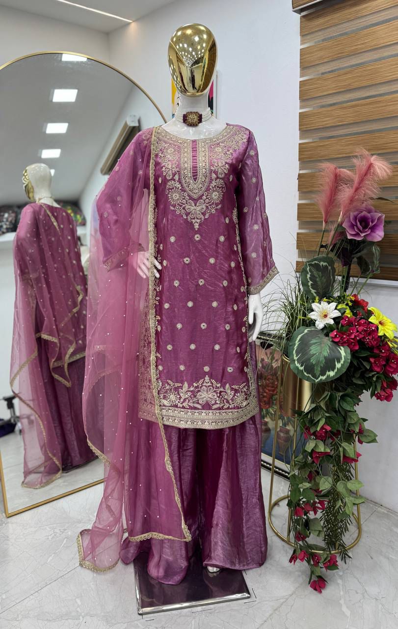 Party-wear Fendy Silk Embroidery Sequence Work Sharara