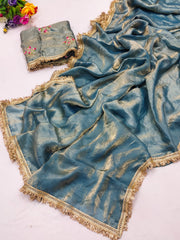 Partywere Soft Silk Satin designer Lace Work Saree