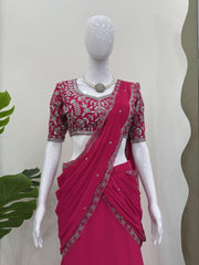 Partywear Pink Georgette Thread With Sequence Work Ready To Wear Saree