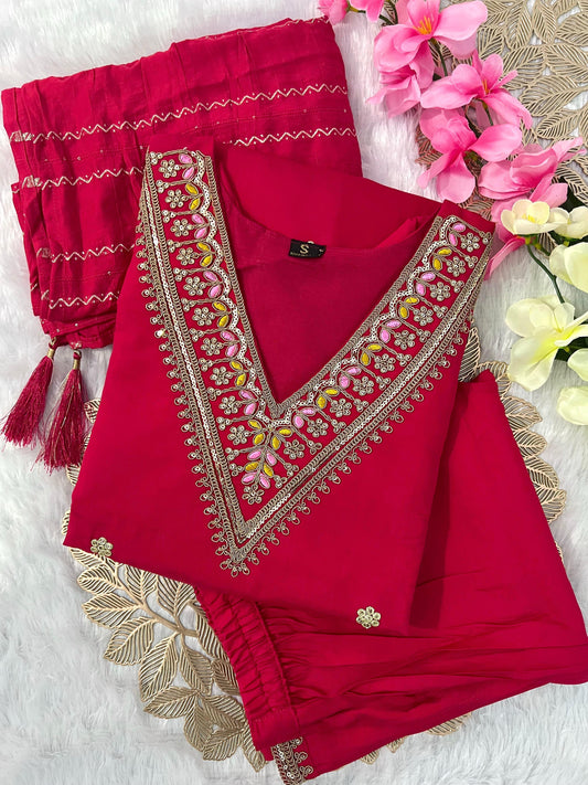 Beautiful Roman Silk Embroidery With Sequence Work Tomato Pink Dress