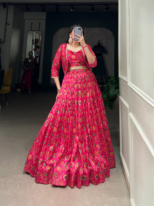 Beautiful Traditional Tasar Silk Floral Printed Lehenga With Koti