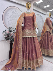 Party-wear Designer Two Tone Embroidery Sequence Work Top Dupatta With Lehenga