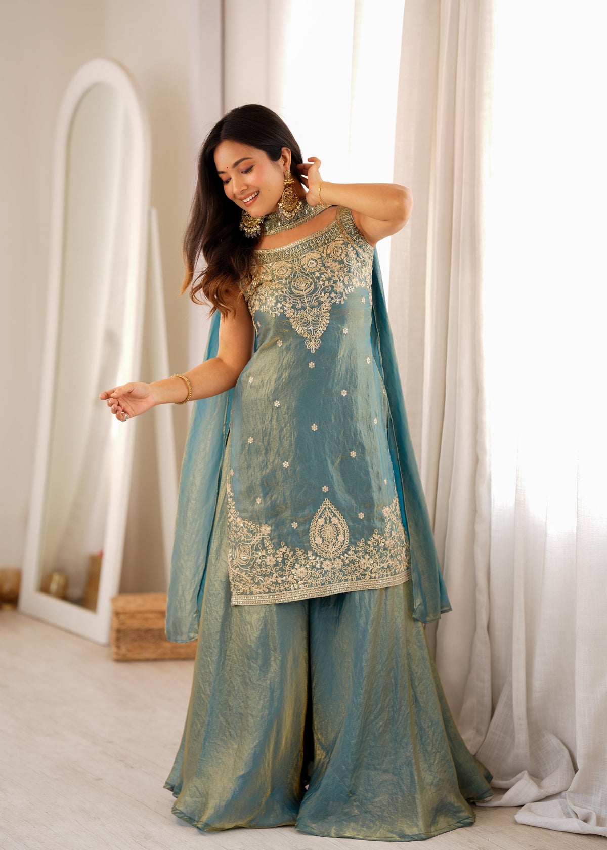 Party-wear Fendy Silk Embroidery Sequence & Zari Work Sharara