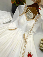 Beautiful White Upada Silk Embroidery Work Gown