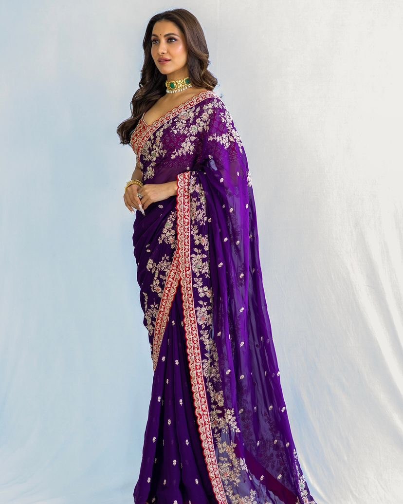 Bollywood Blooming Silk Mono Satin Embroidery Sequence & Coding Work Saree