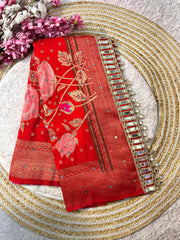 Beautiful Red Dola Silk Viscose Weaving With Mirror Work Saree