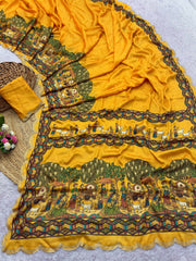 Beautiful Chinon Silk Digital Print With Bhandhani Zarkan Diamond Work Saree