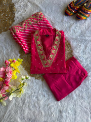 Pink Maslin Silk Print with Embroidery & Dori Gotta Patti Work Dress