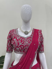 Partywear Pink Georgette Thread With Sequence Work Ready To Wear Saree
