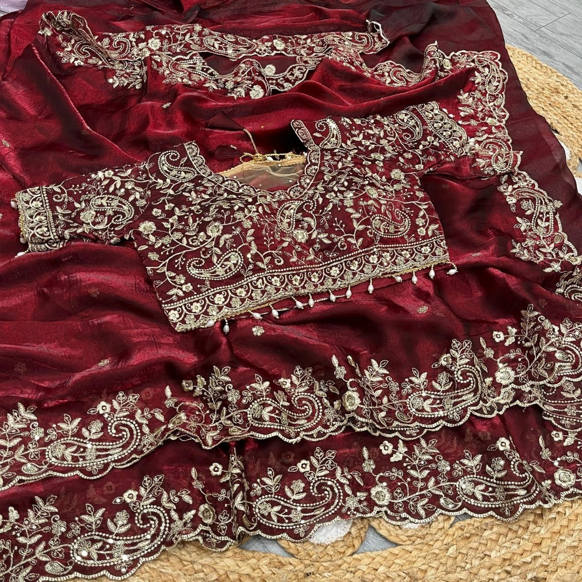 Party-wear Fendy Satin Embroidery Sequence Work Saree With Stitched Blouse