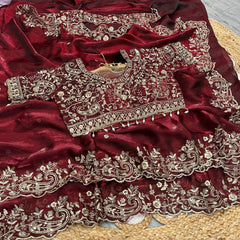 Party-wear Fendy Satin Embroidery Sequence Work Saree With Stitched Blouse