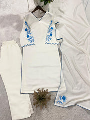 Summer Perfect Roman Silk Embroidery On Sleeves Kurti Pant With Dupatta