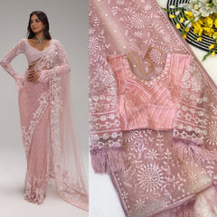 Party-wear Bollywood Blockbuster Net Multi Sequence Embroidery Work Saree