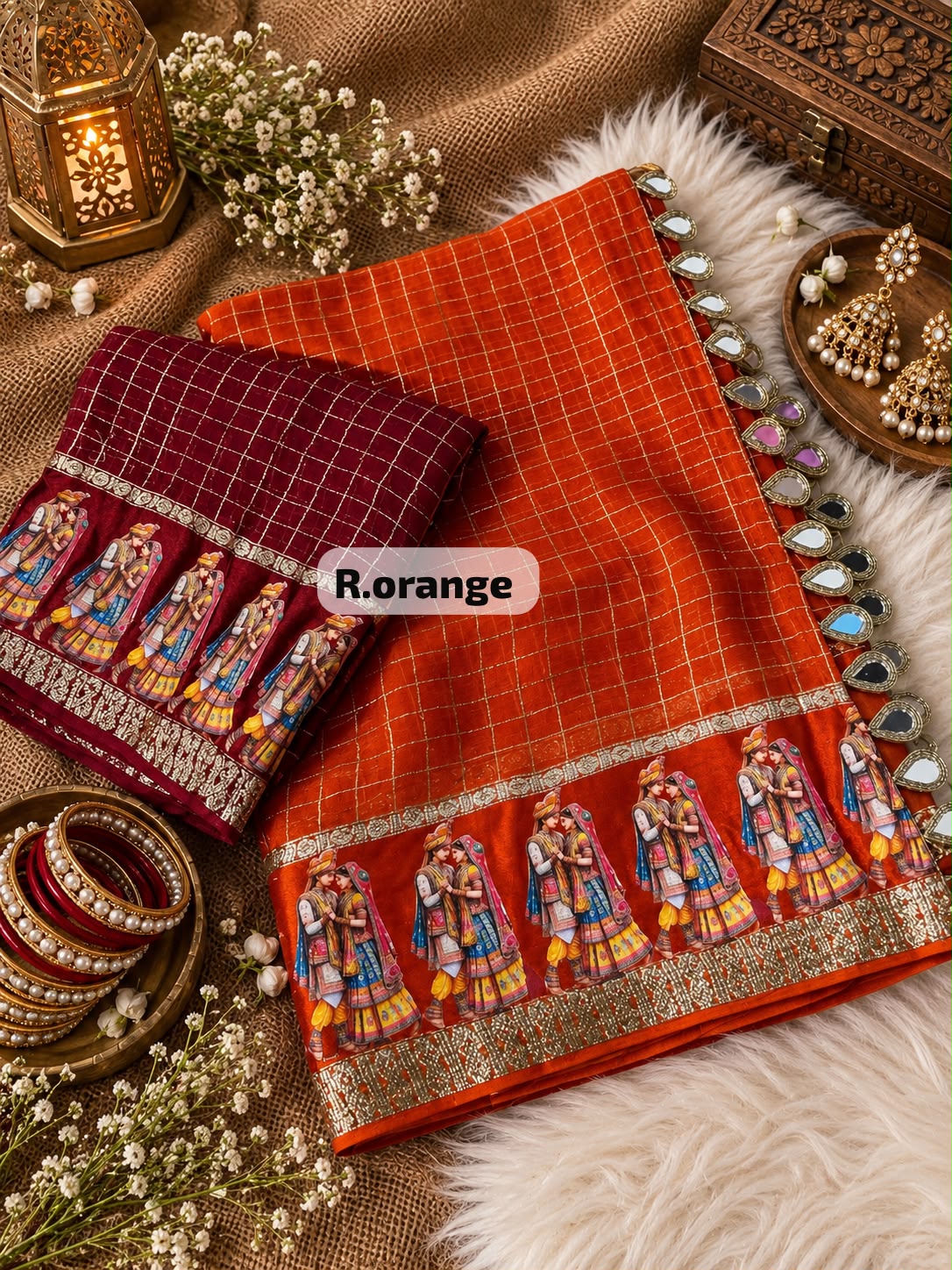 Beautiful Viscose Check With & Golden Zari Work Dulha & Dulhan Designer Saree