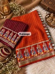 Beautiful Viscose Check With & Golden Zari Work Dulha & Dulhan Designer Saree