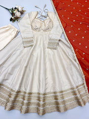 Party-wear Cosmos Gold Lace Work Designer Anarkali Three Piece Set