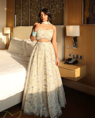 Luxurious White Premium Tabby Silk Lehenga Choli With Beautiful Thread Embroidery