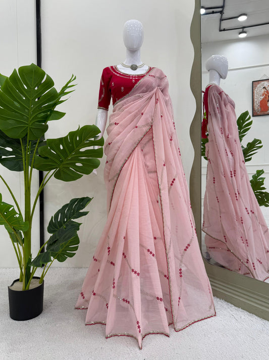 Beautiful Designer Crunchy Silk Thread & Sequence Work Saree